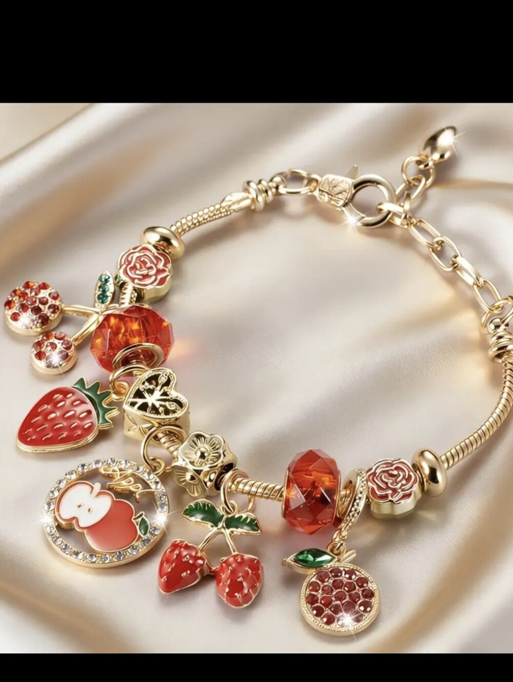 Gold Plated Red Apple Cherry Strawberry Themed Charm Bracelet
